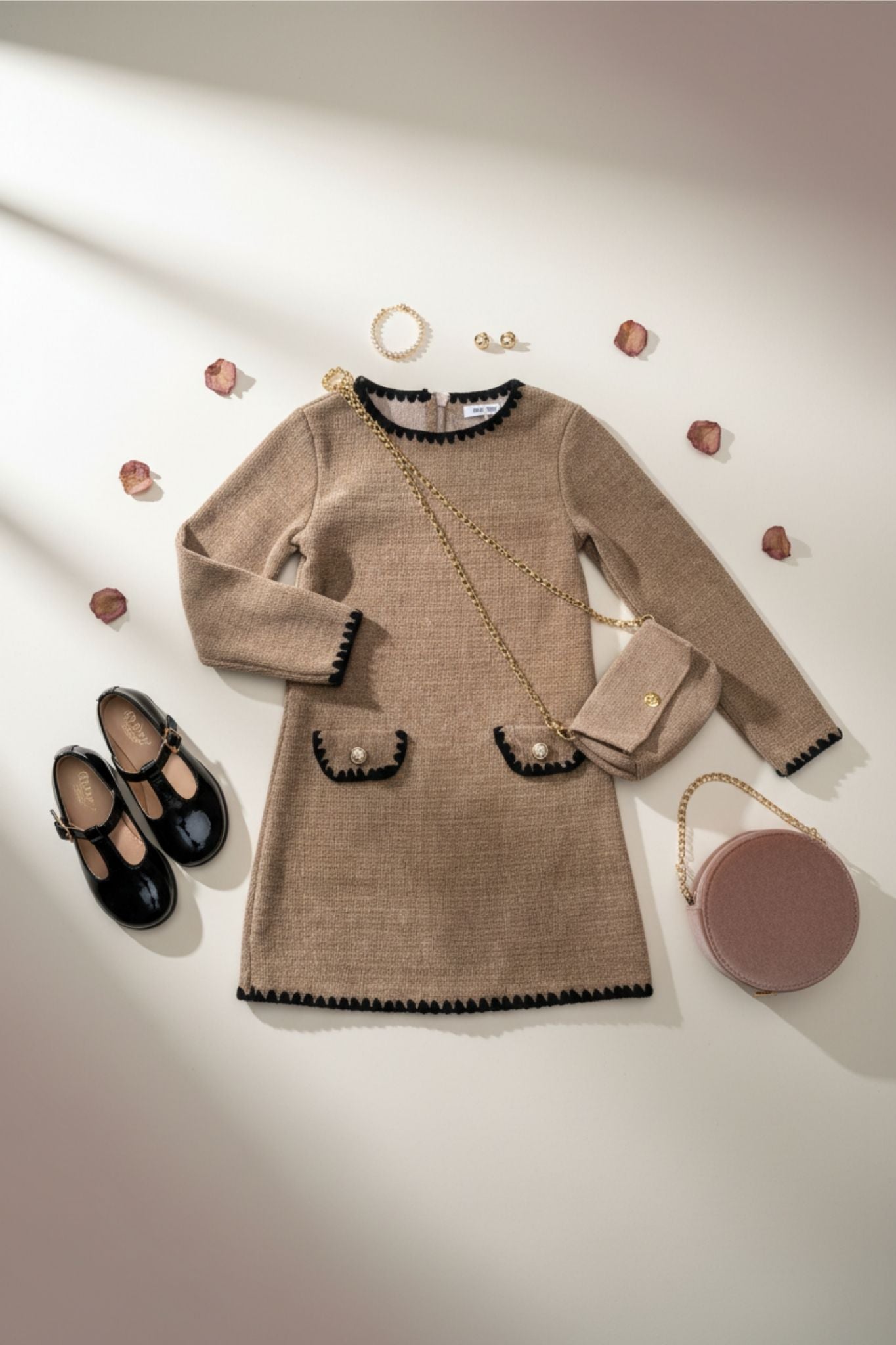 Brown dress with black trim, shoes, and handbag on a light background