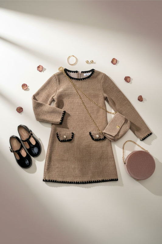 Brown dress with black trim, shoes, and handbag on a light background