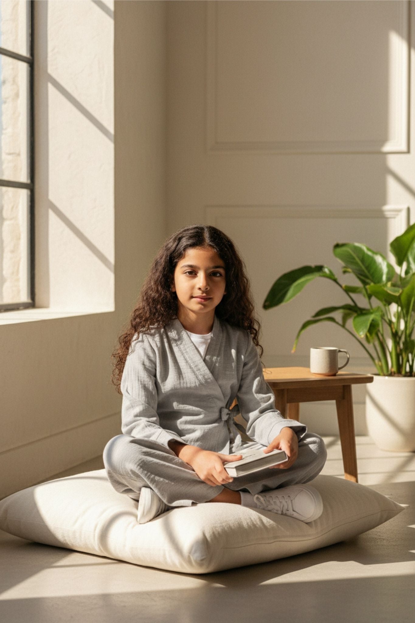 Young girl sitting on a cushion in a sunlit room with a plant and table in the background