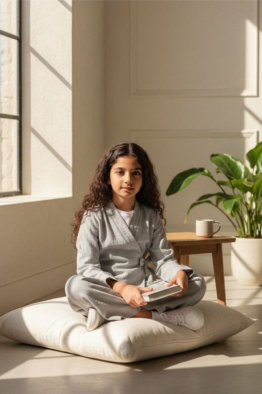 Young girl sitting on a cushion in a sunlit room with a plant and table in the background