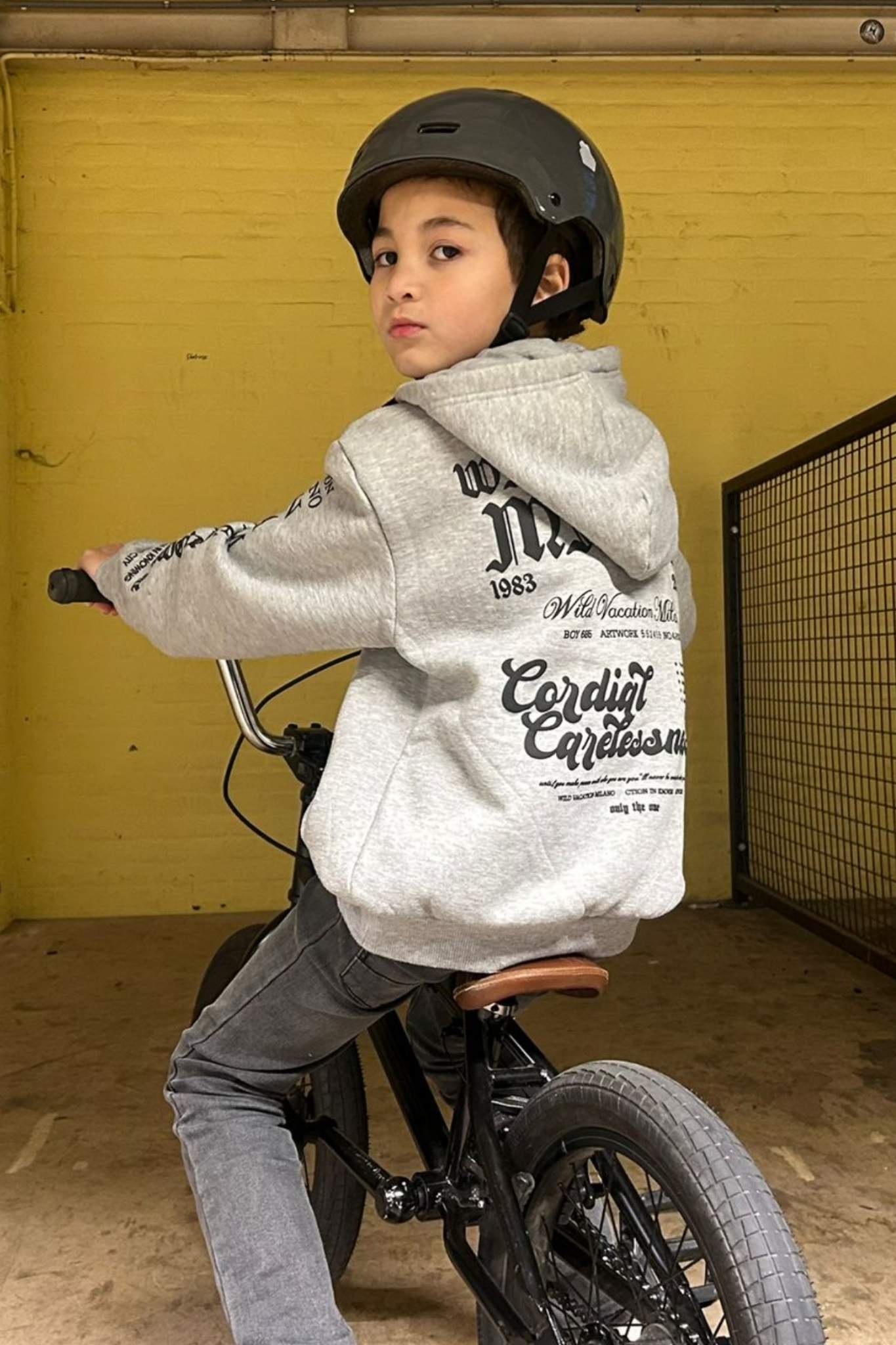 Grey boys graphic print hoodie with fleece lining for kids ages 8-16