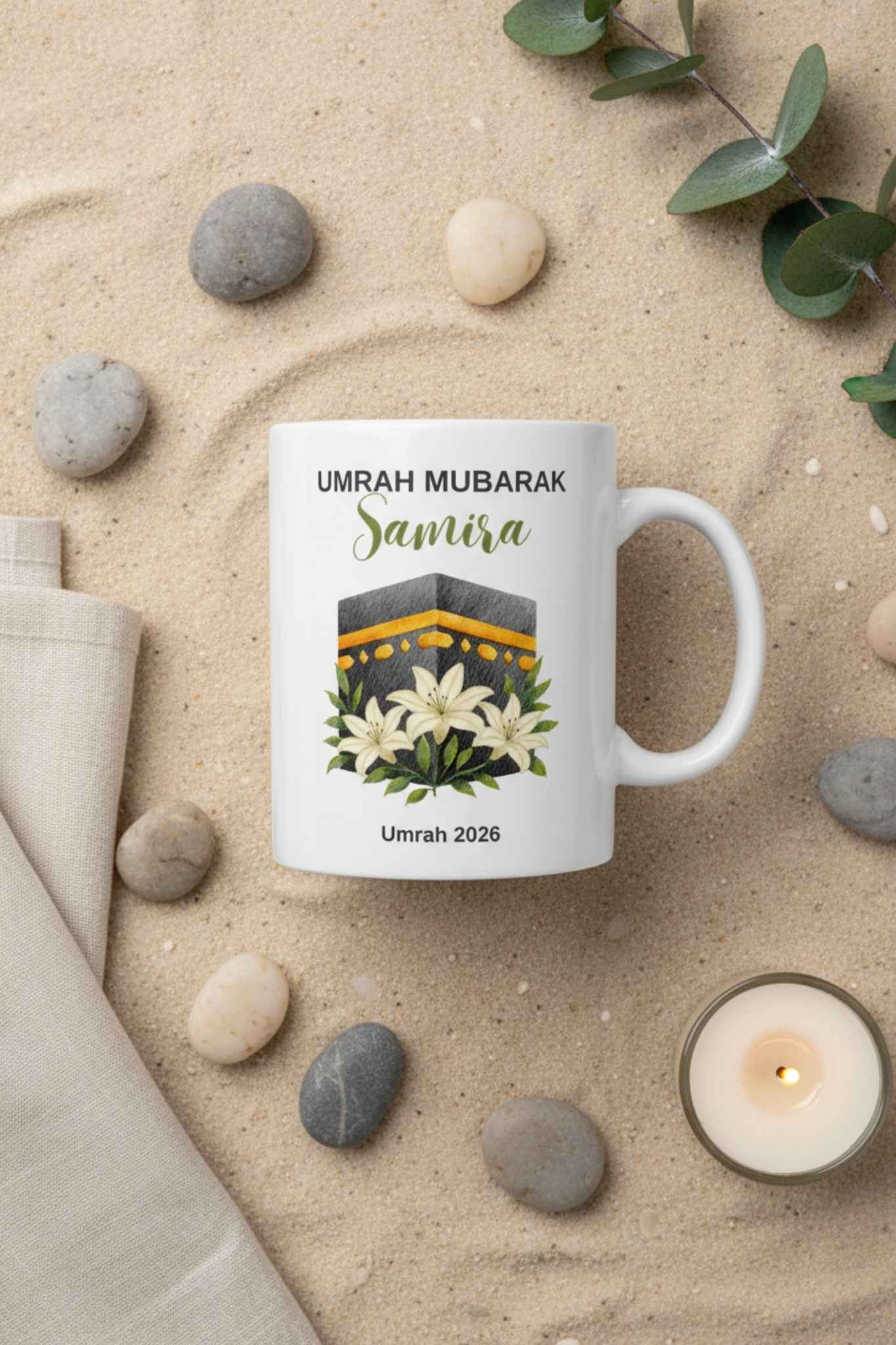 Hajj umrah gift mug with personalized name and Kaaba — arabic name islamic gift