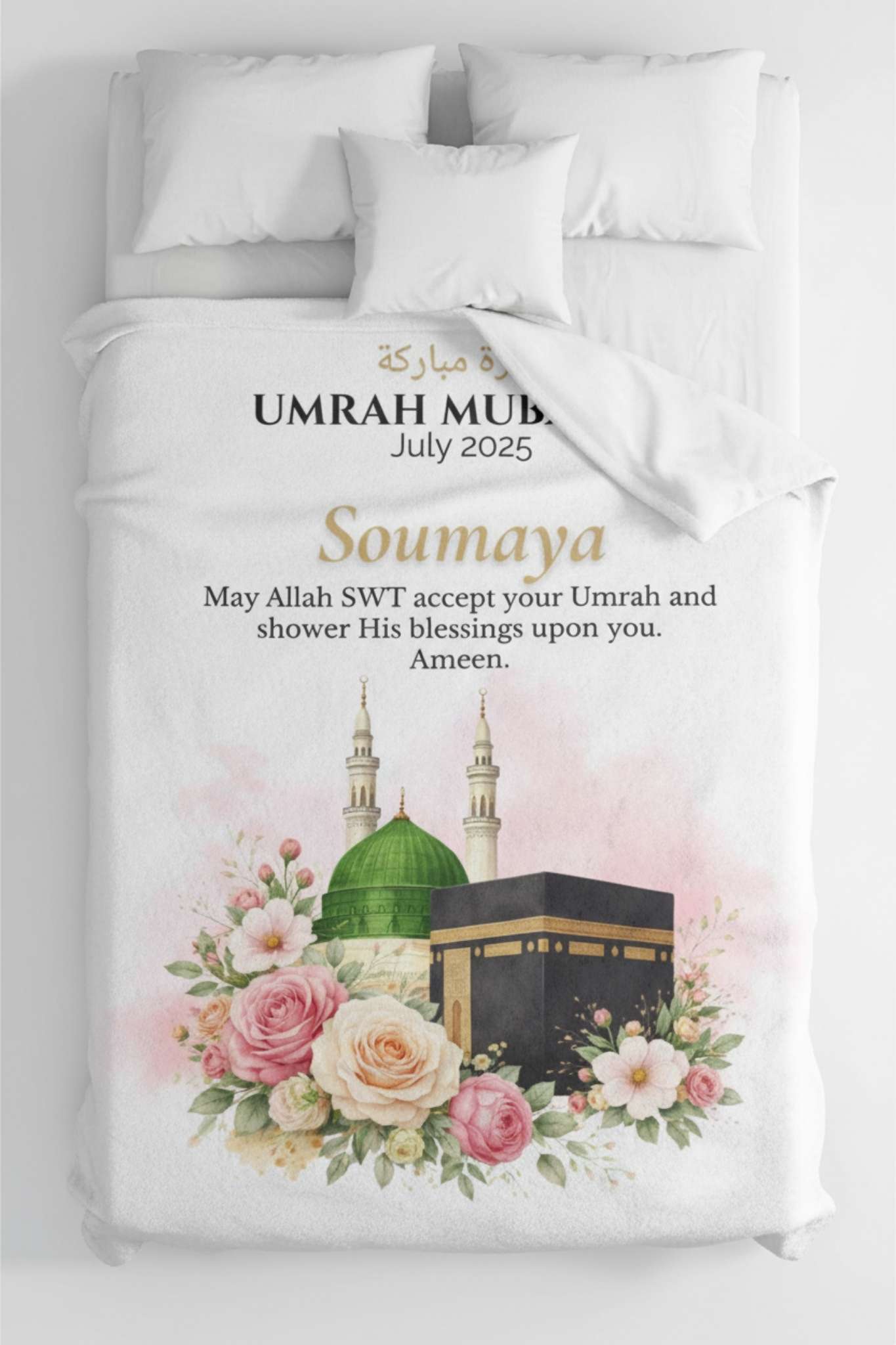 Islamic Umrah gift blanket featuring Kaaba and green dome illustration