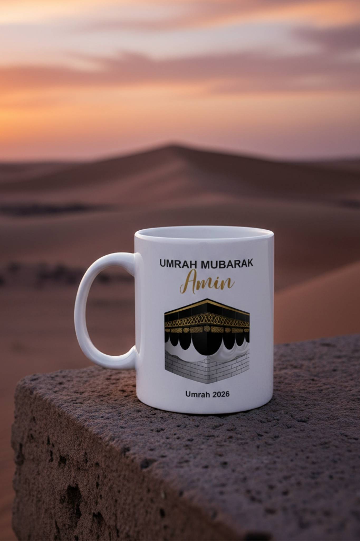 Islamic travel mug with custom name and gold Kaaba at sunset — personalized umrah gift for him
