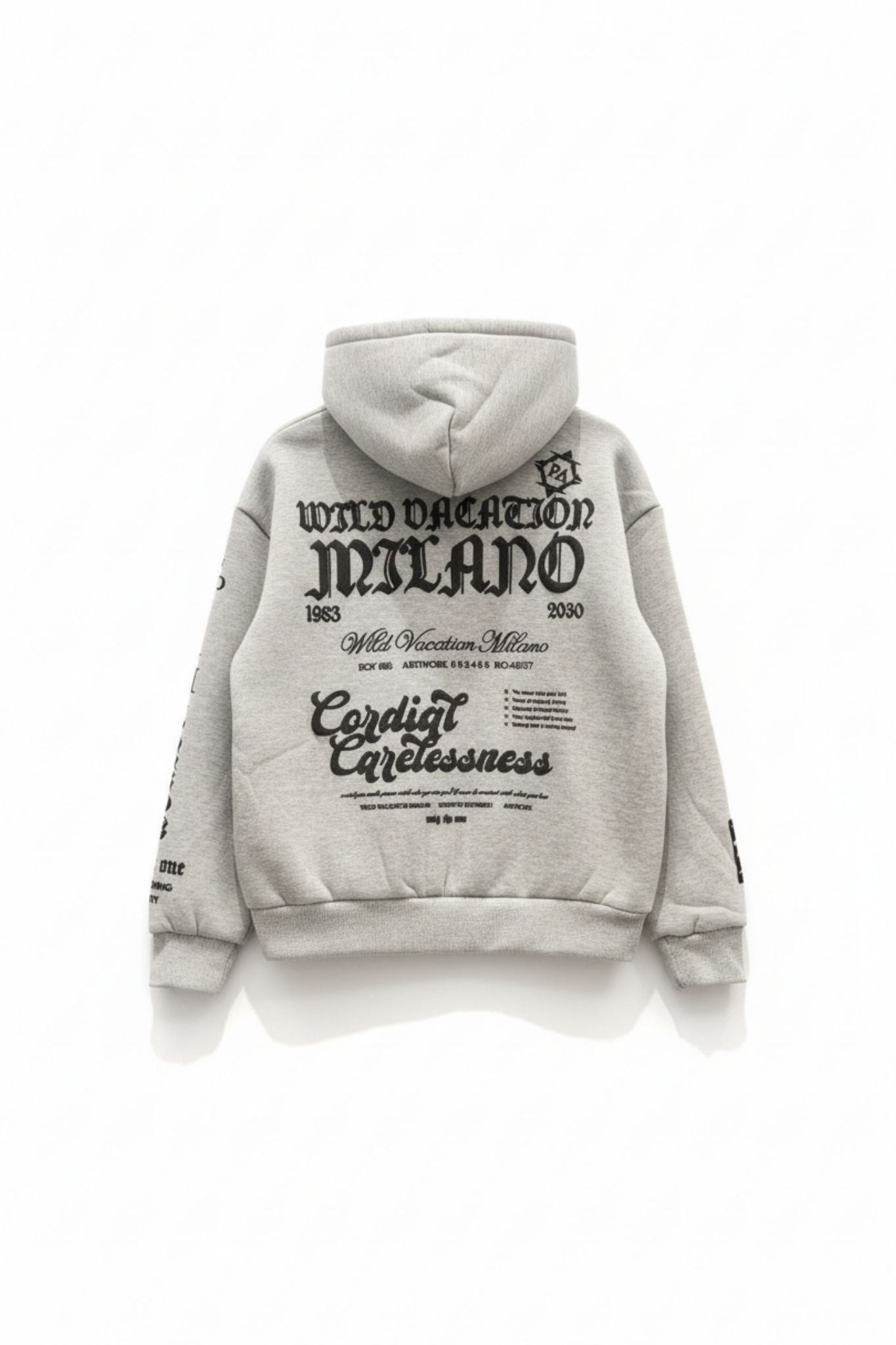 Kids oversized hoodie with Wild Vacation Milano text print and Cardiac Carelessness graphics
