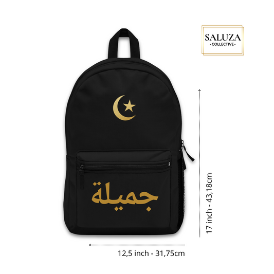 Islamic school bag with crescent moon and Arabic calligraphy