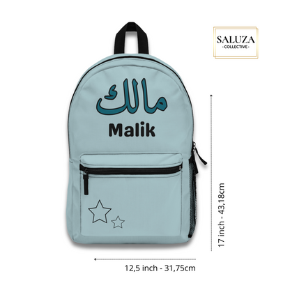 Light blue kids backpack with Arabic and English name – personalized for school