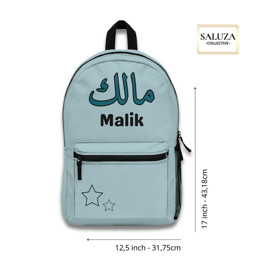 Light blue kids backpack with Arabic and English name – personalized for school