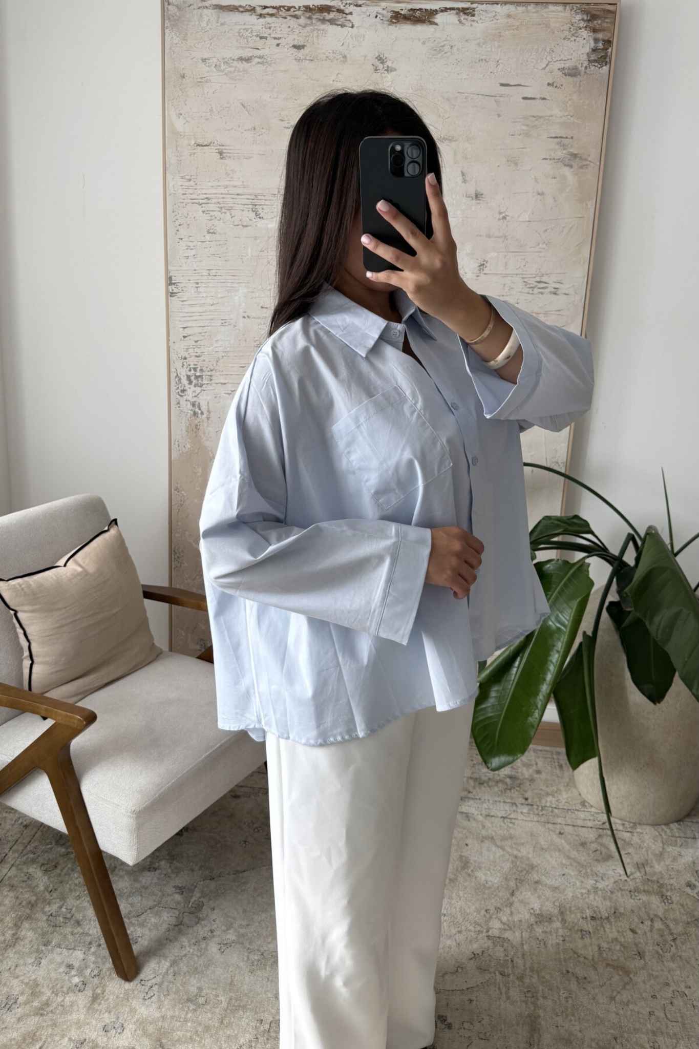 Light blue oversized cotton blouse for women - one size relaxed fit shirt 38-44