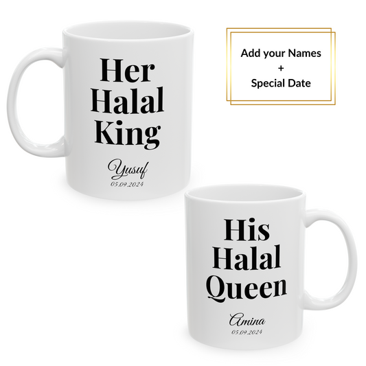 Two white mugs: “Her Halal King” with name Yusuf and “His Halal Queen” with name Amina – includes personalized date, perfect Islamic couple gift.