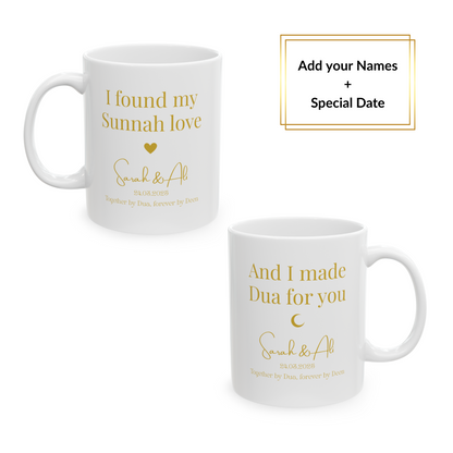 Two white mugs with gold text: “I found my Sunnah love” and “I made Dua for you” with custom names and date – personalized Islamic couple gift.