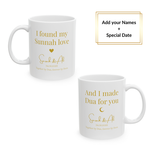 Two white mugs with gold text: “I found my Sunnah love” and “I made Dua for you” with custom names and date – personalized Islamic couple gift.