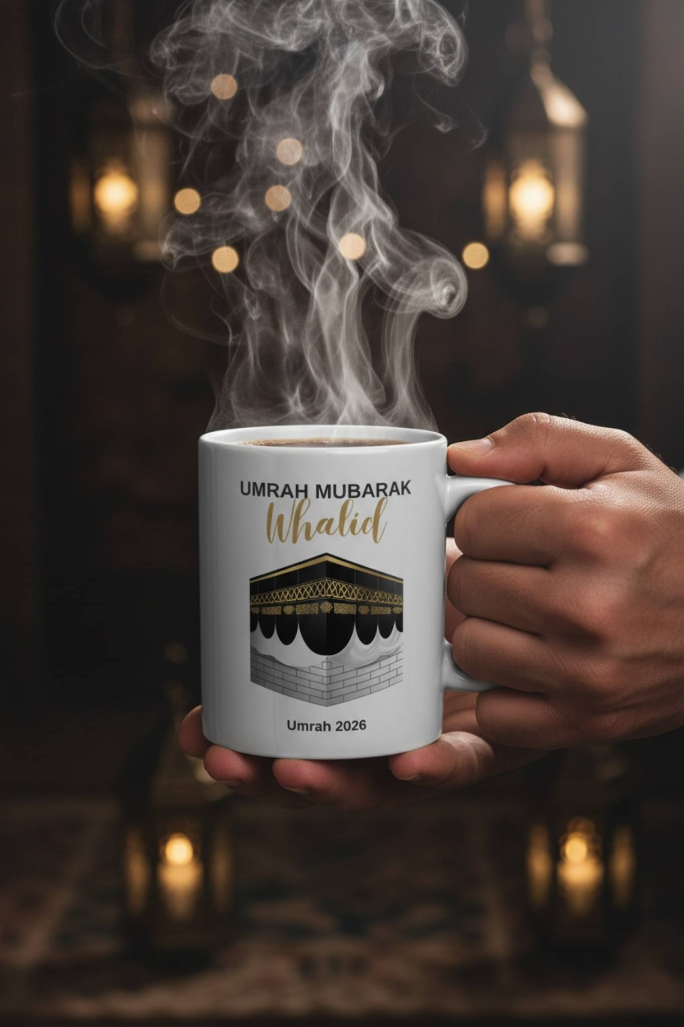 Muslim mug for men with personalized name and golden Kaaba — hajj umrah gift