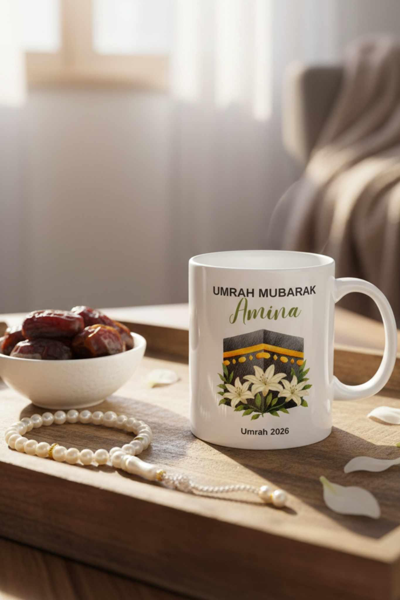 Muslim personalized mug with Kaaba and floral print — perfect umrah mubarak gift