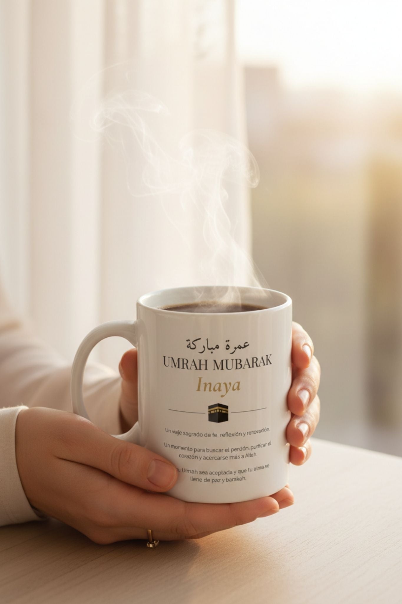 Umrah mubarak mug with custom name and Arabic text filled with coffee and steam — islamic travel gift