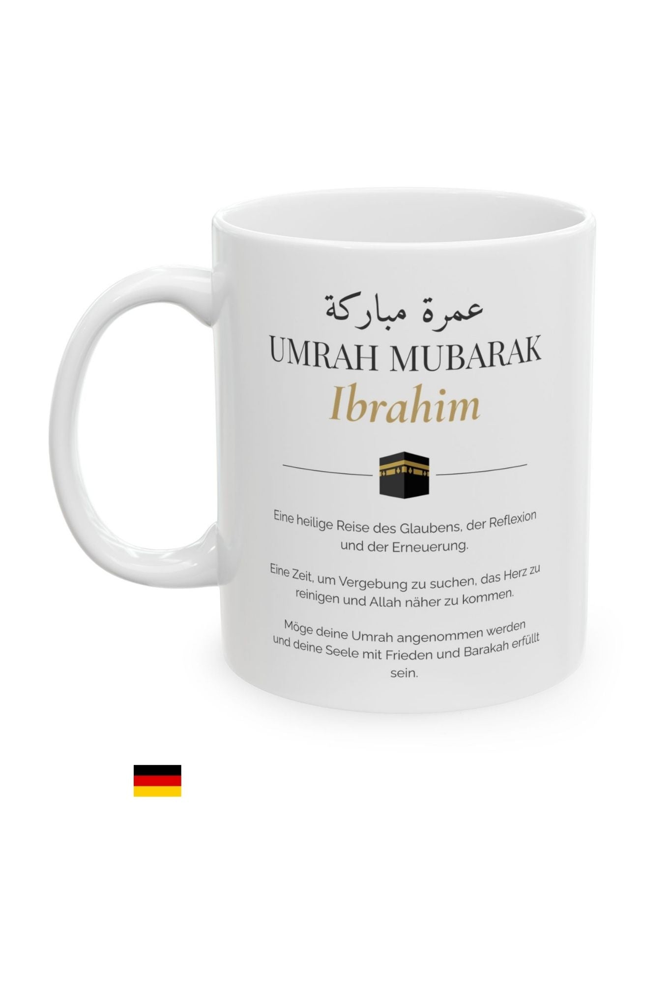 Personalized Umrah Mubarak mug with Arabic calligraphy and custom name in German — hajj umrah gift