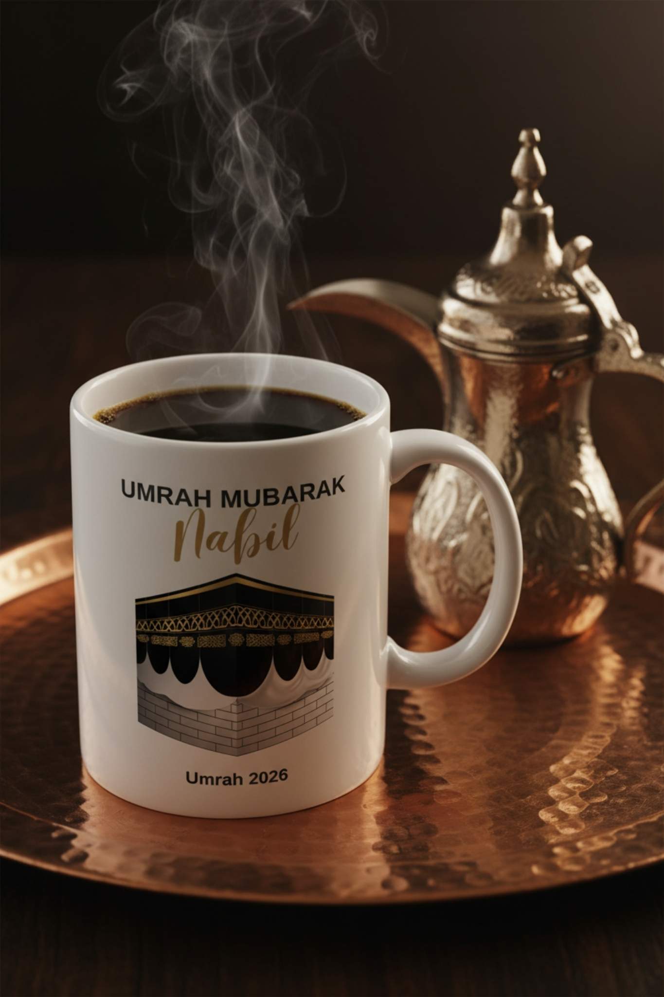 Personalized Umrah Mubarak mug for him with golden Kaaba illustration — islamic gift for men