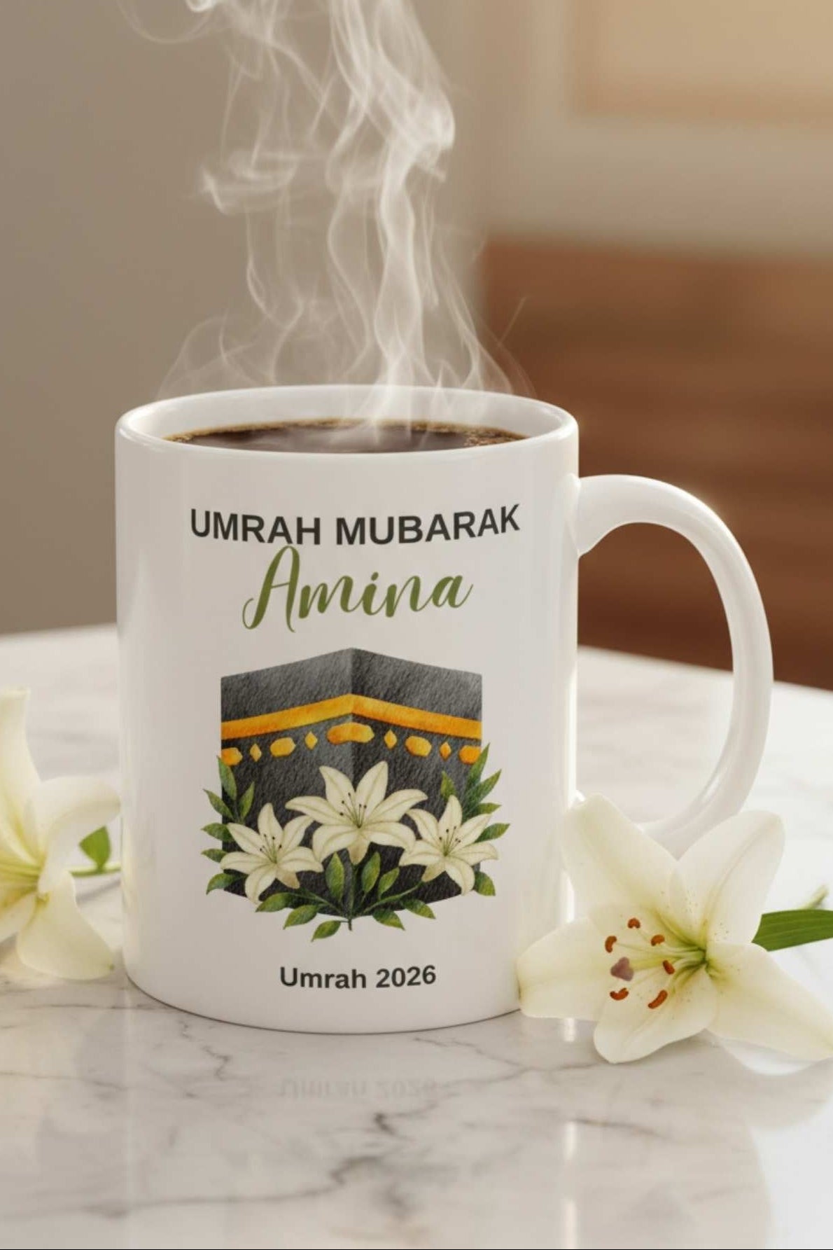 Personalized Umrah Mubarak mug with custom name and Kaaba illustration — islamic personalized gift