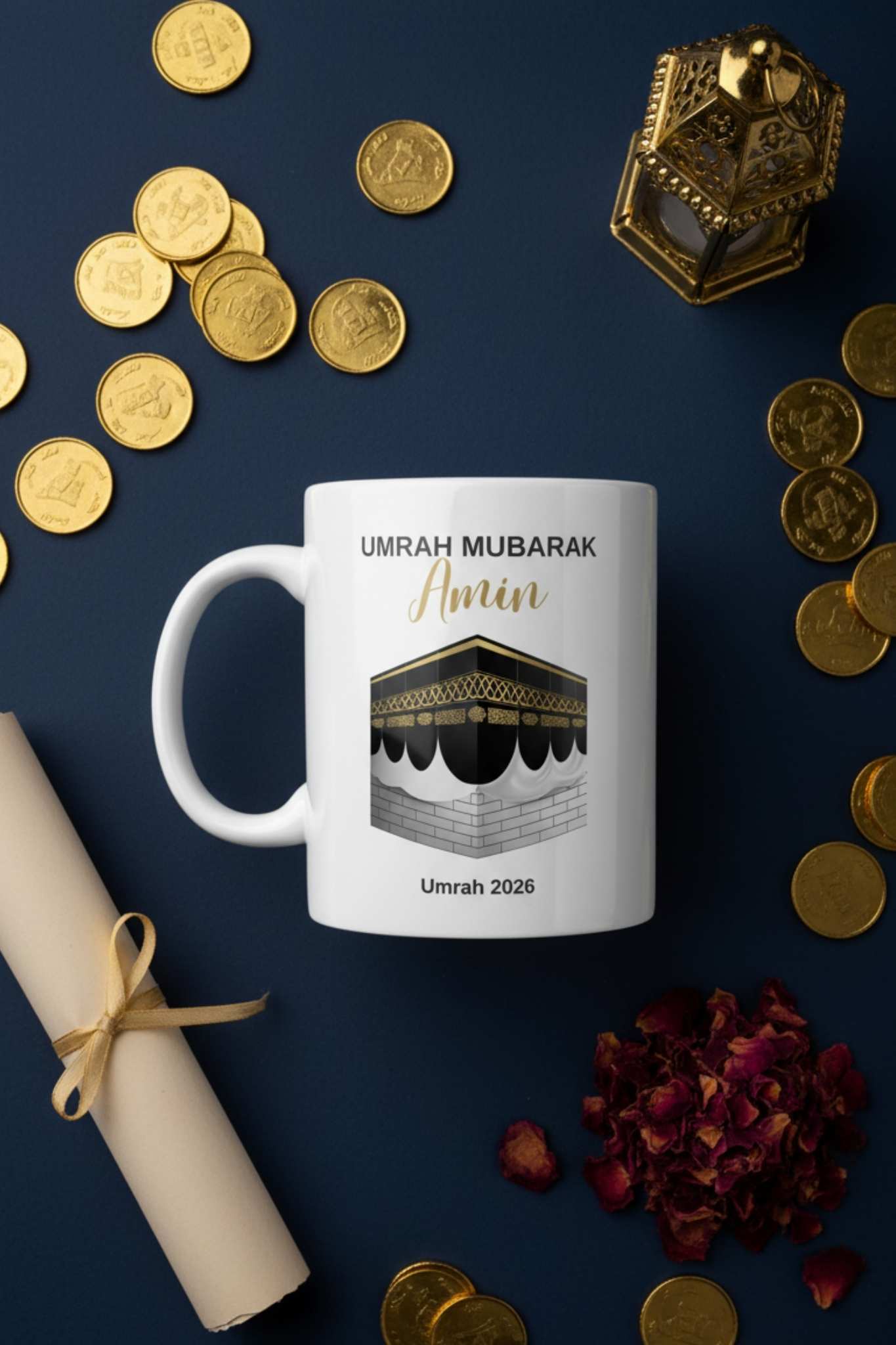 Personalized muslim name mug with golden Kaaba held in hands — custom umrah mug for men