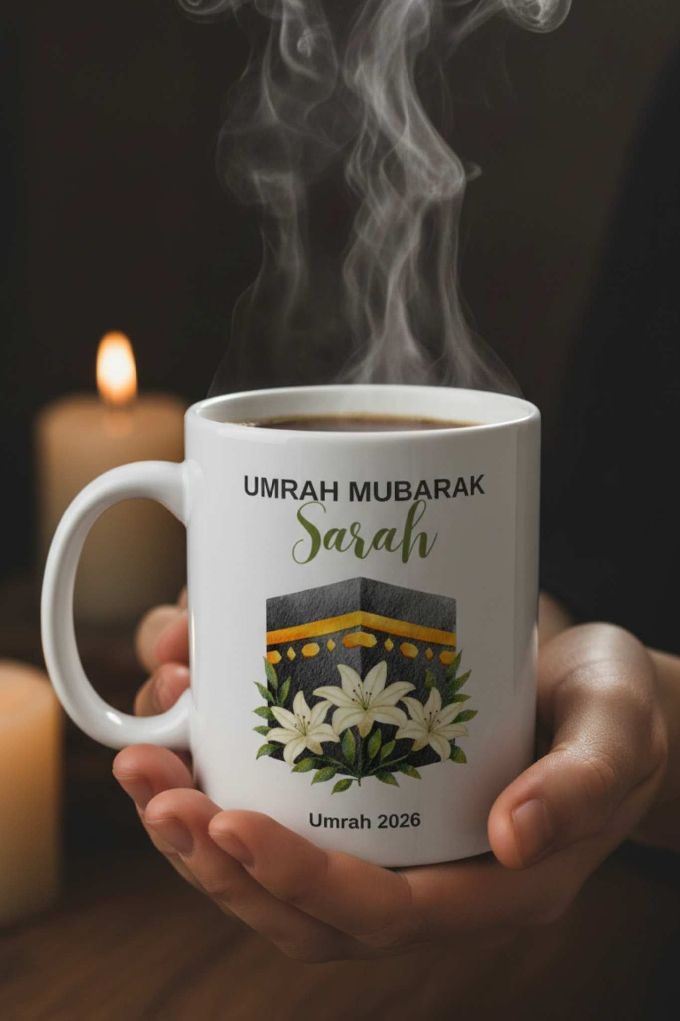 Personalized umrah gift mug with custom Arabic name — unique islamic travel gift