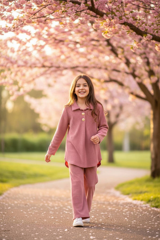 Pink girls ribbed two-piece set with tunic and wide-leg pants - comfortable outfit ages 6-12