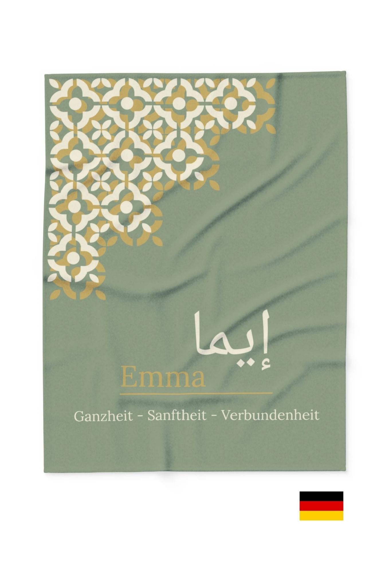 Product packaging with geometric design and text on a green background