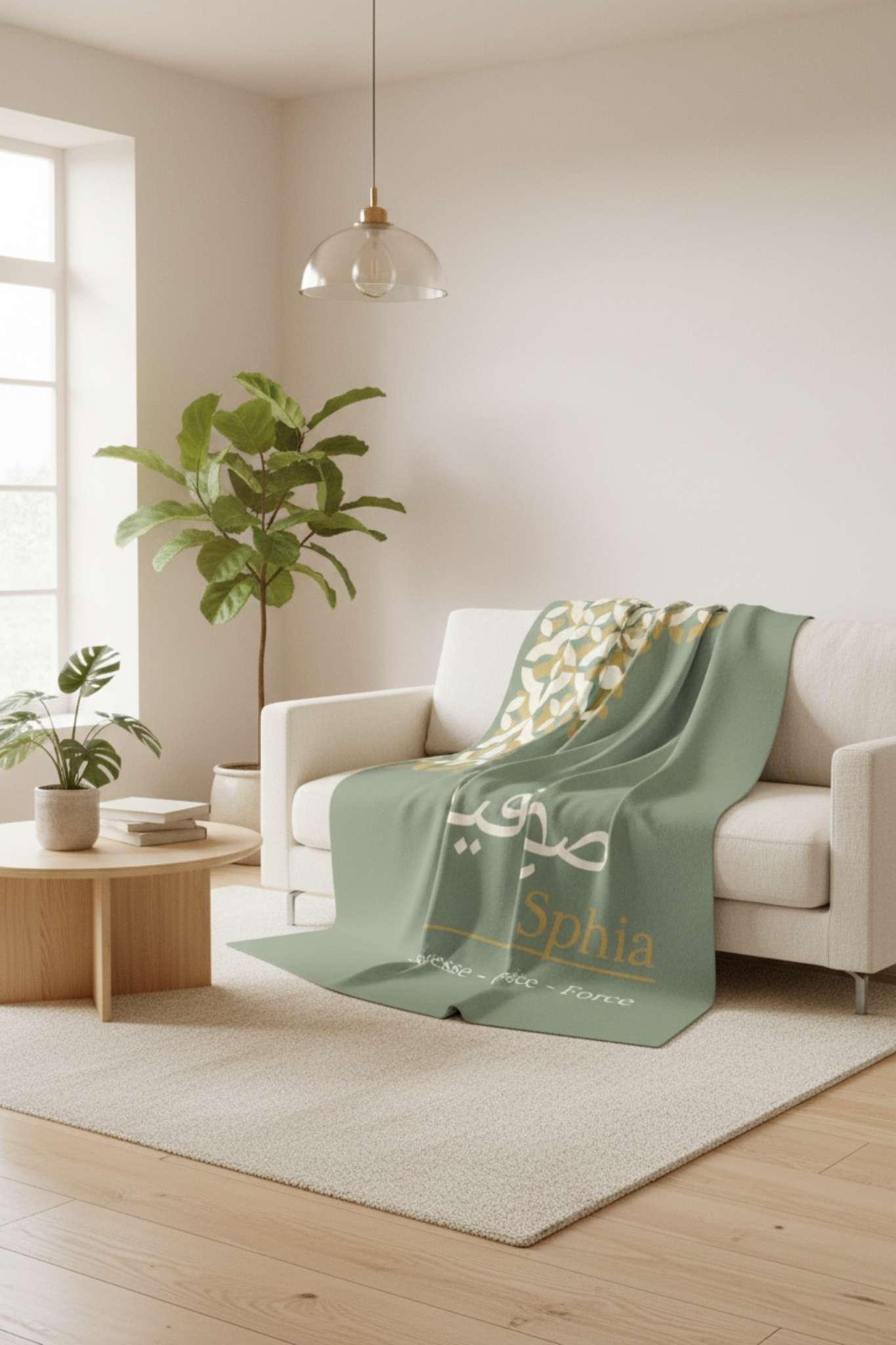Sage green personalized blanket on modern sofa with pillows and warm home decor styling