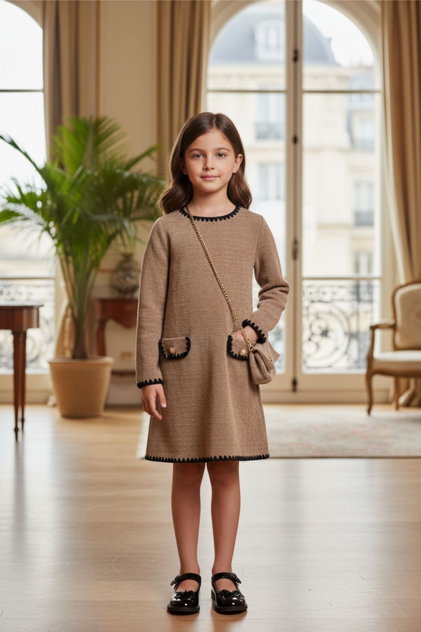 Young girl in a taupe dress standing in a room with large windows and furniture.