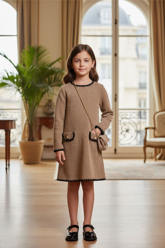 Young girl in a taupe dress standing in a room with large windows and furniture.