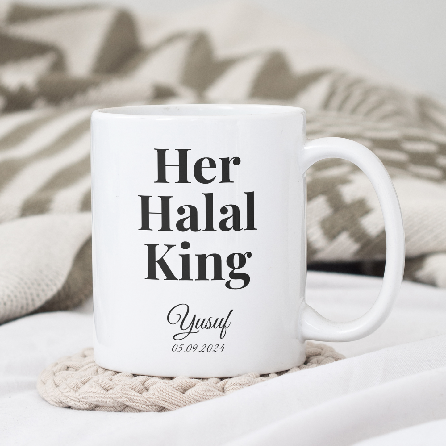 Halal Couple Mug Set – Her King & His Queen – Personalized with Name & Date