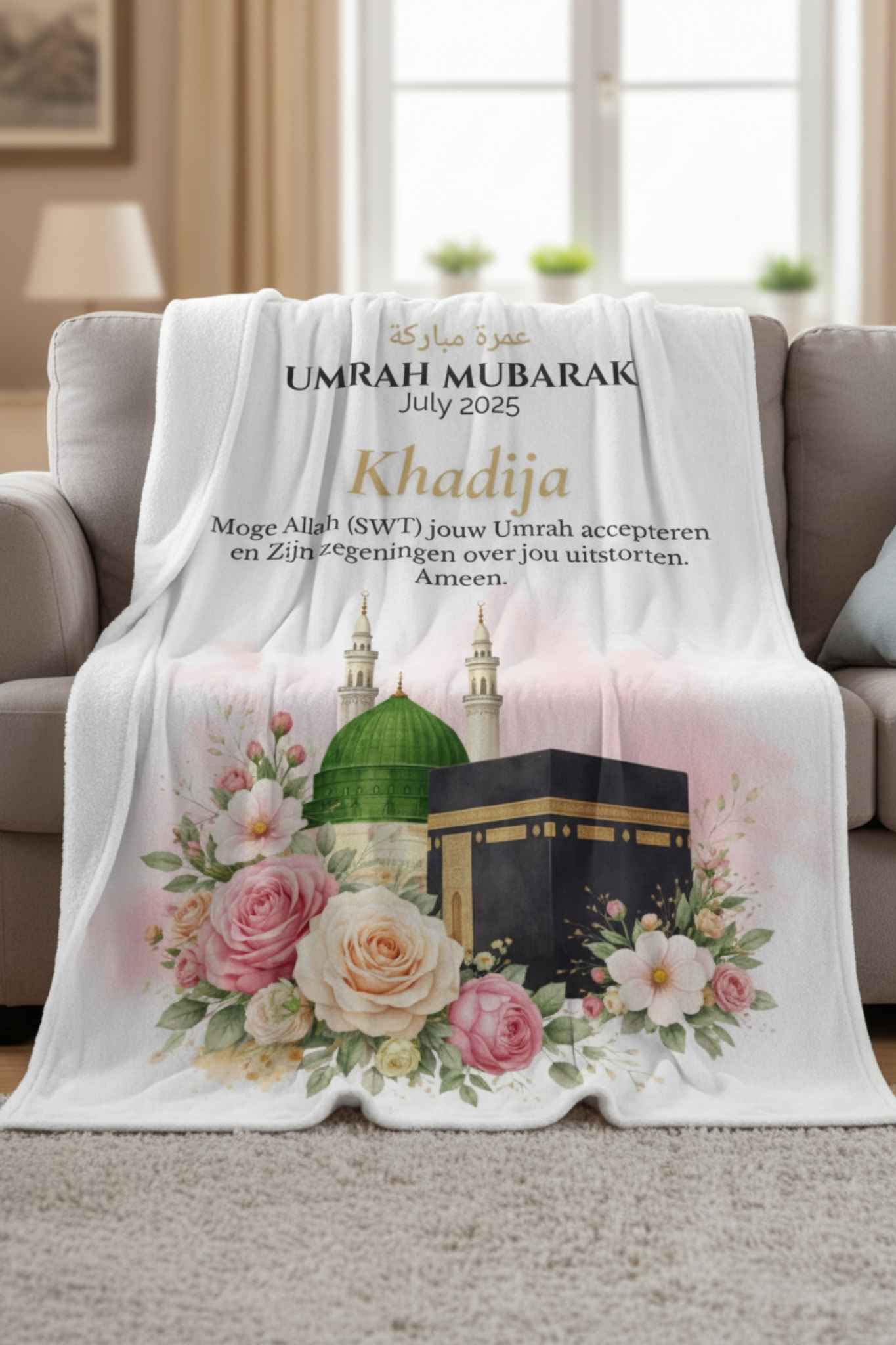 Umrah Mubarak blanket with Kaaba and Madinah design Islamic gift