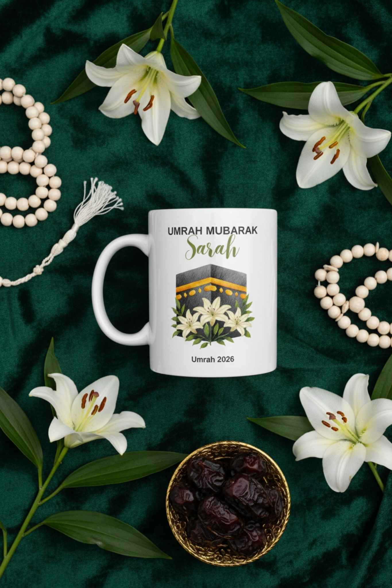 Umrah journey gift mug flat lay with tasbih and dates — personalized muslim name gift