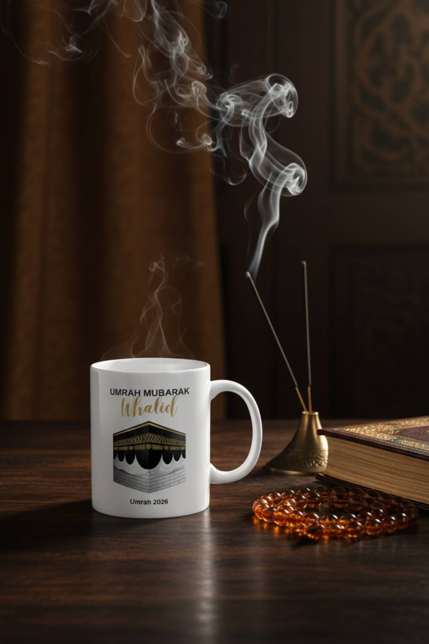 Umrah journey gift mug with custom name on copper tray — islamic name gift for him