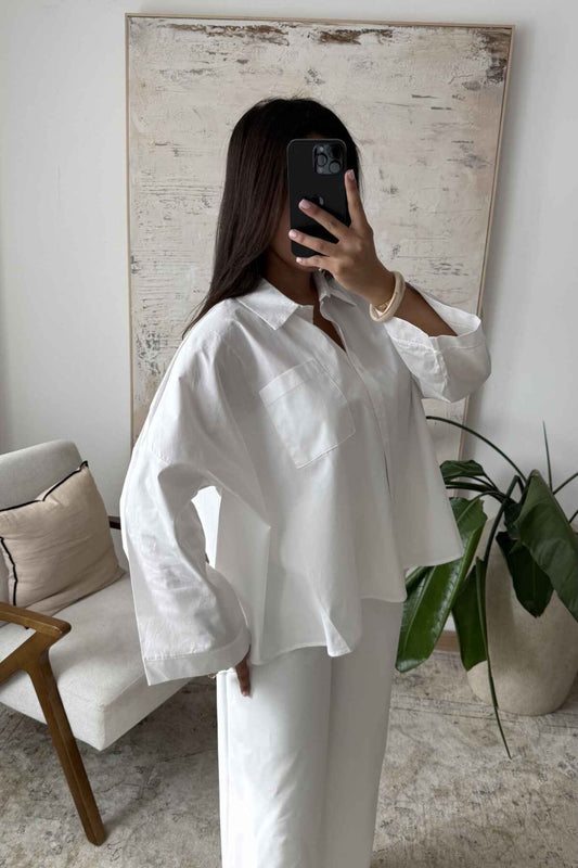 White oversized cotton blouse for women - one size relaxed fit shirt 38-44