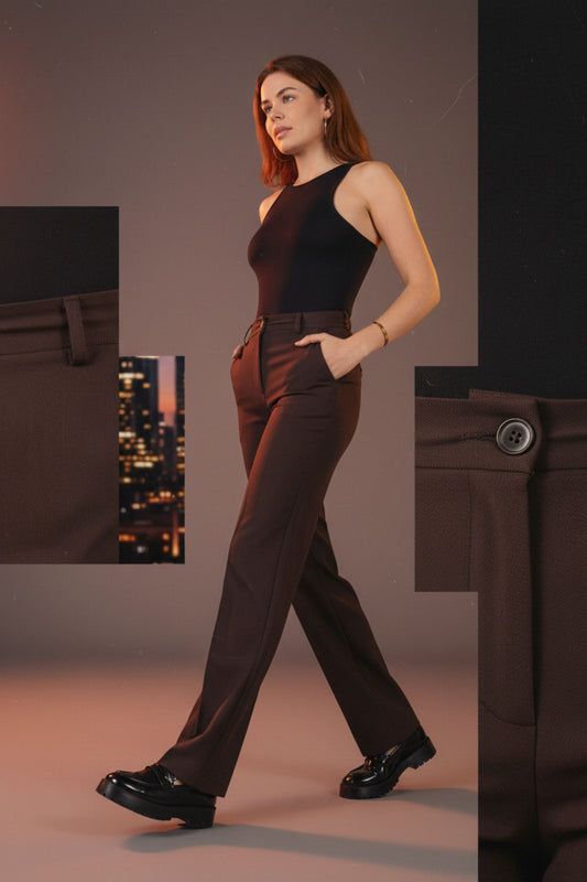 Woman wearing brown Nola straight-leg trousers with black top - versatile pants for casual and dressy occasions