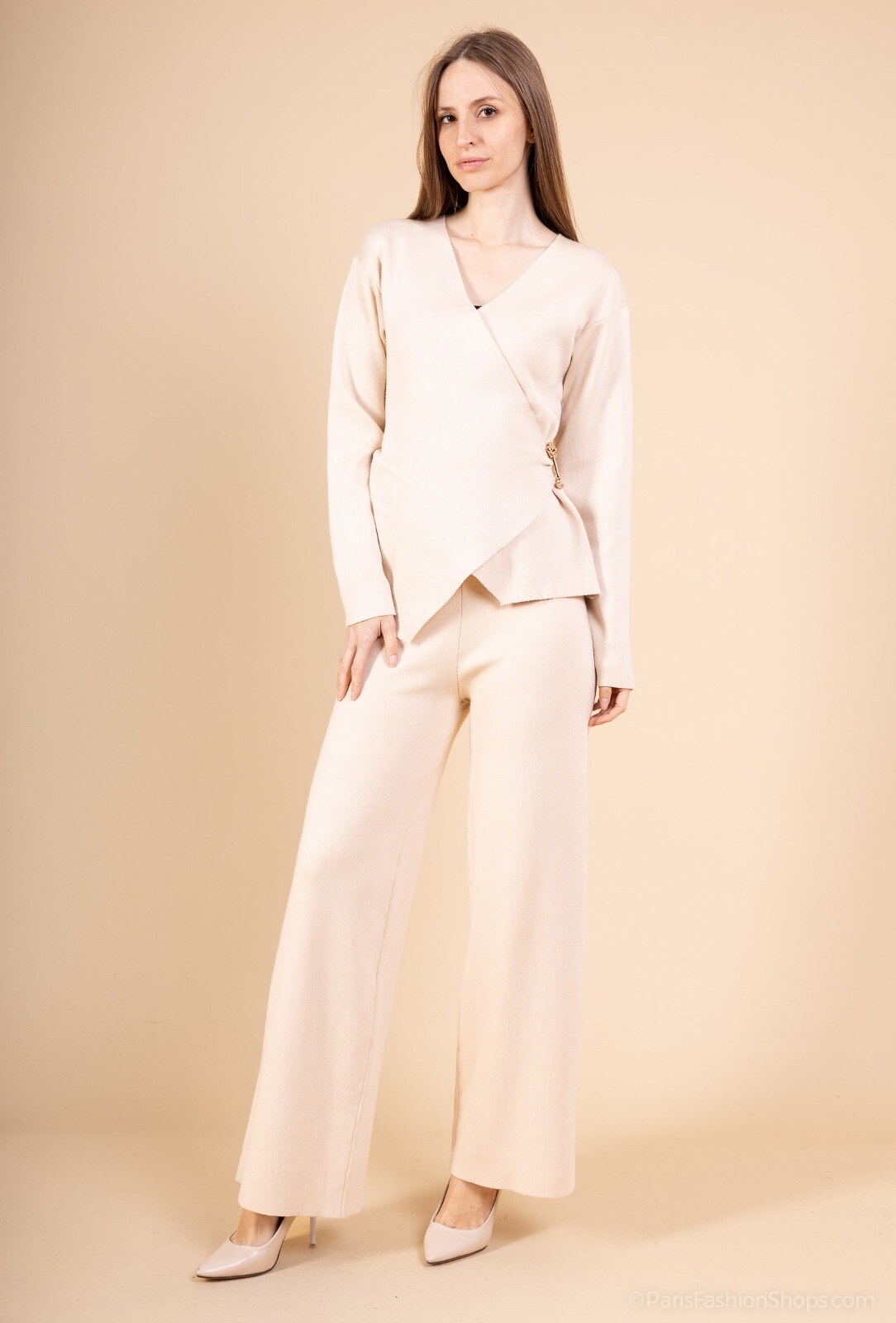 Women's beige wrap top with decorative brooch - elegant viscose blend set