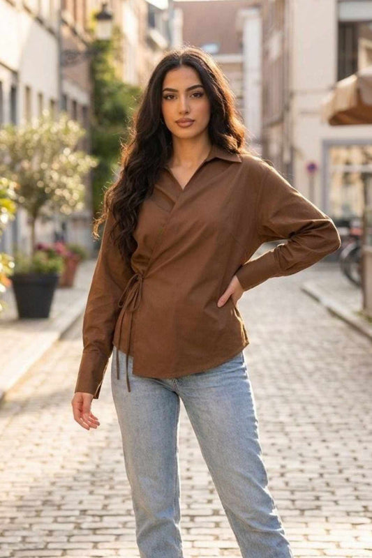 Women's brown wrap blouse with tie details - versatile cotton polyester shirt
