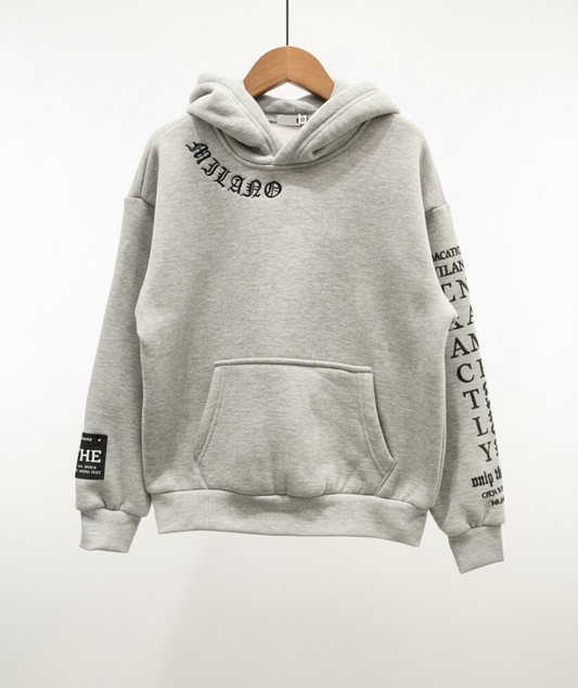Grey Milano graphic hoodie for boys with street style prints on sleeves and back"