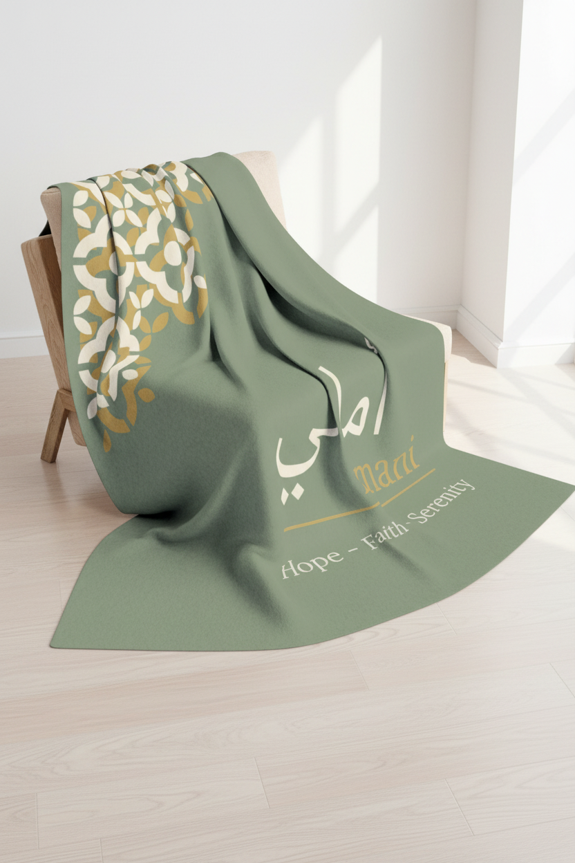 Personalized sage green fleece blanket with Arabic name Amani and gold geometric pattern draped on chair