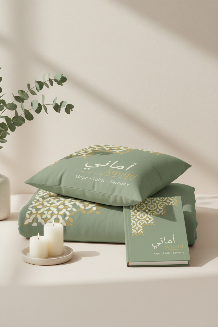Complete personalized Arabic name gift set with decorative cushion hardcover journal and soft fleece blanket