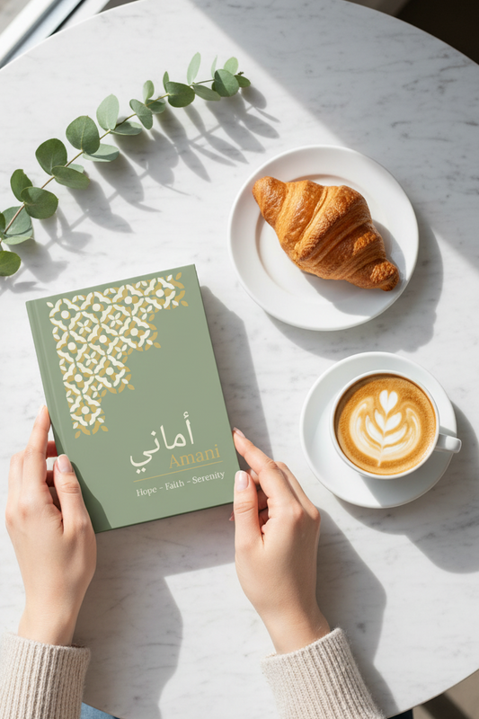 Arabic name notebook held in hands at cafe with latte coffee lifestyle flatlay photography