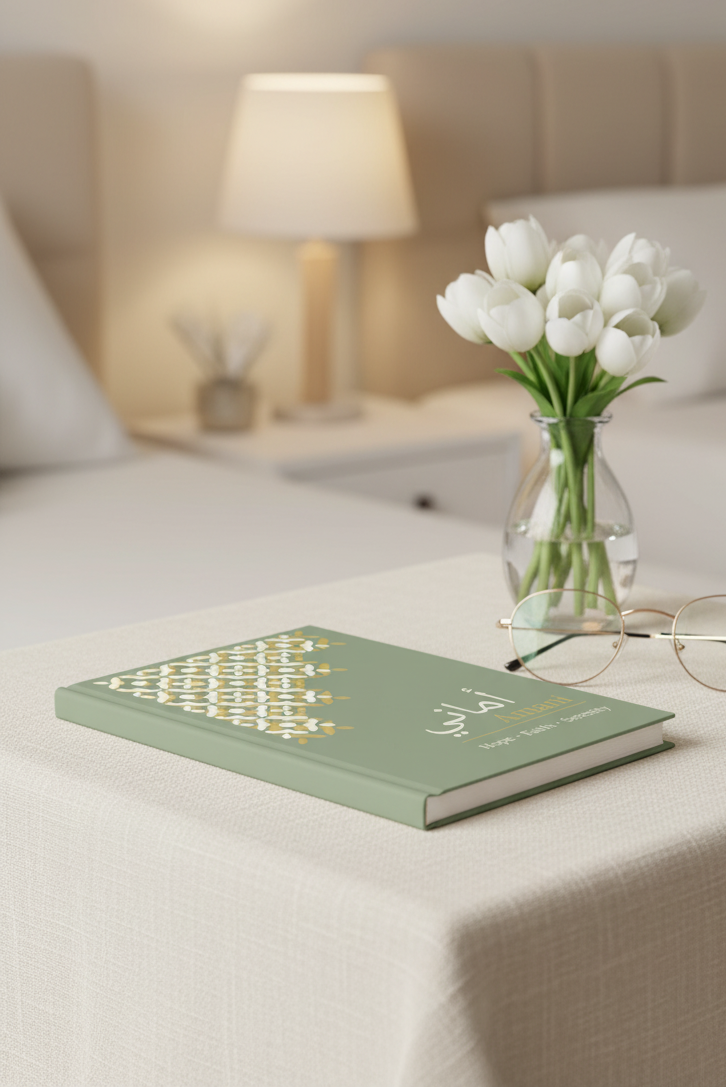 Sage green personalized journal on bedside table with flowers and elegant bedroom styling