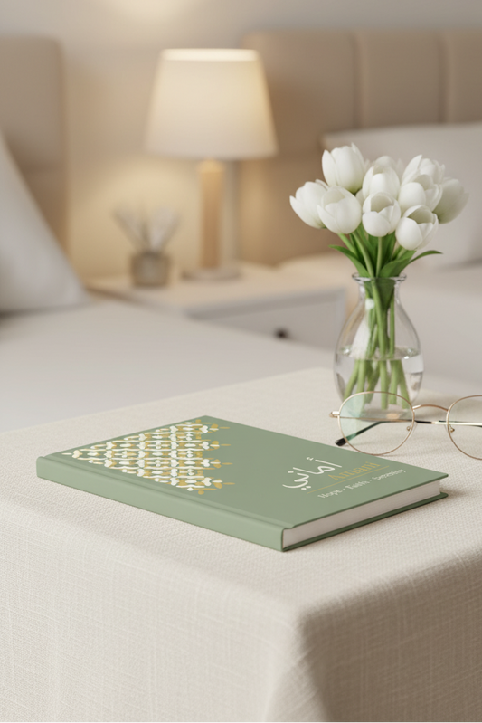 Sage green personalized journal on bedside table with flowers and elegant bedroom styling