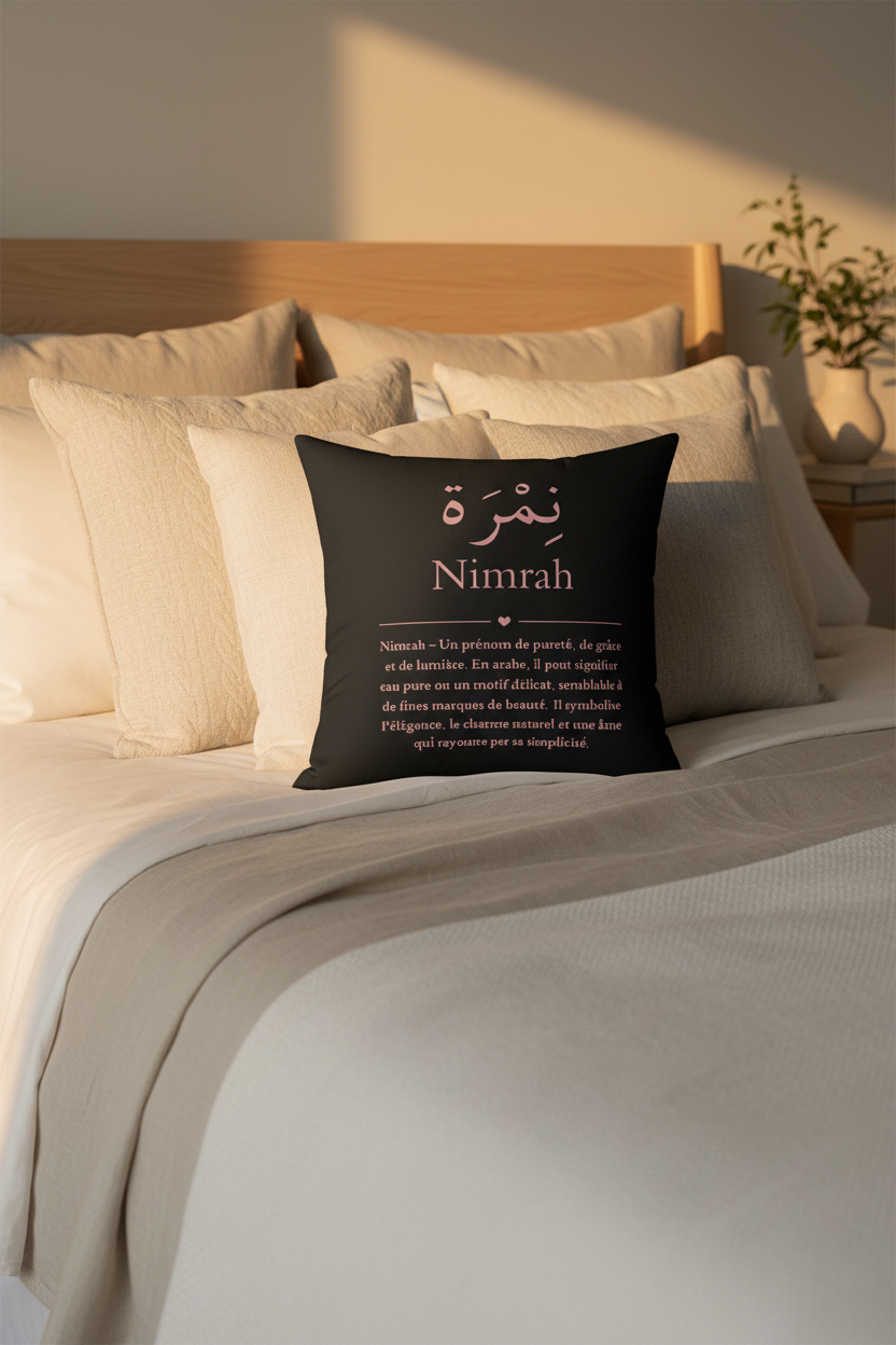 Luxury personalized Arabic pillow on bed - custom name meaning cushion for bedroom decor