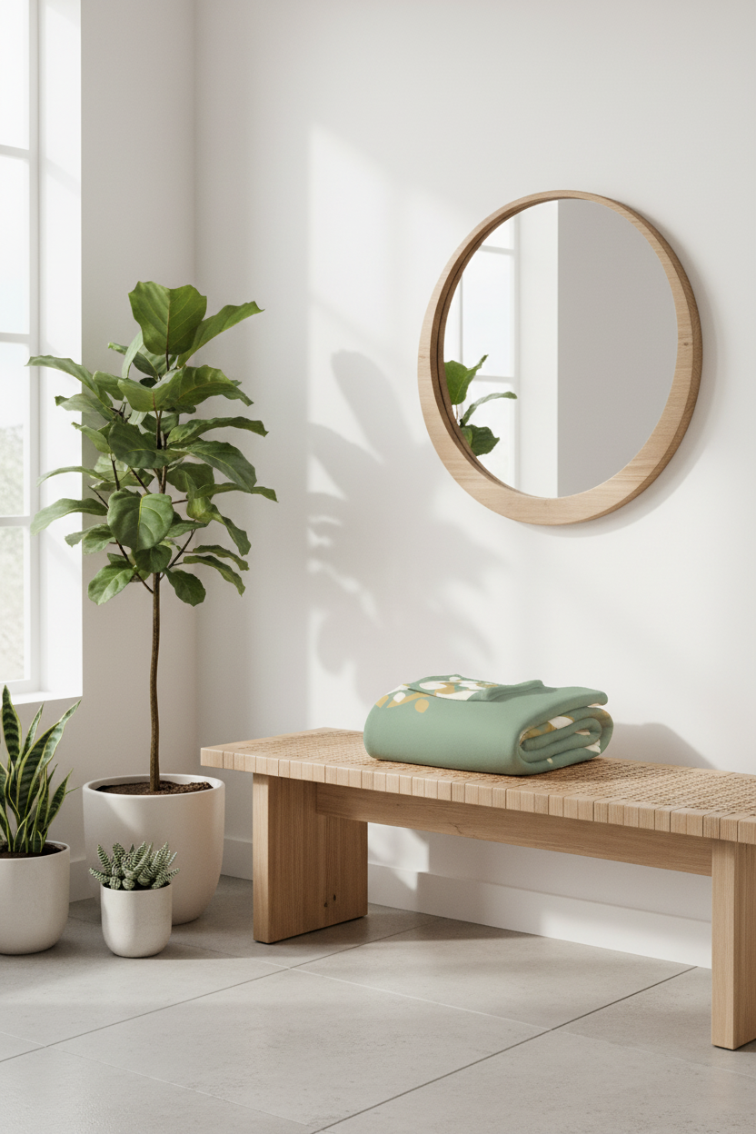 Personalized Arabic fleece blanket folded on wooden bench in bright entryway with plants