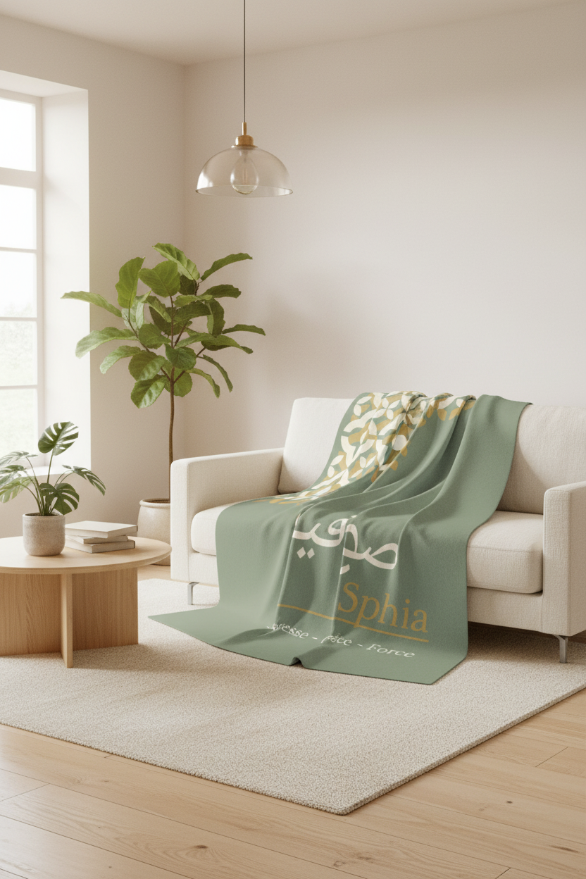Sage green personalized blanket on modern sofa with pillows and warm home decor styling