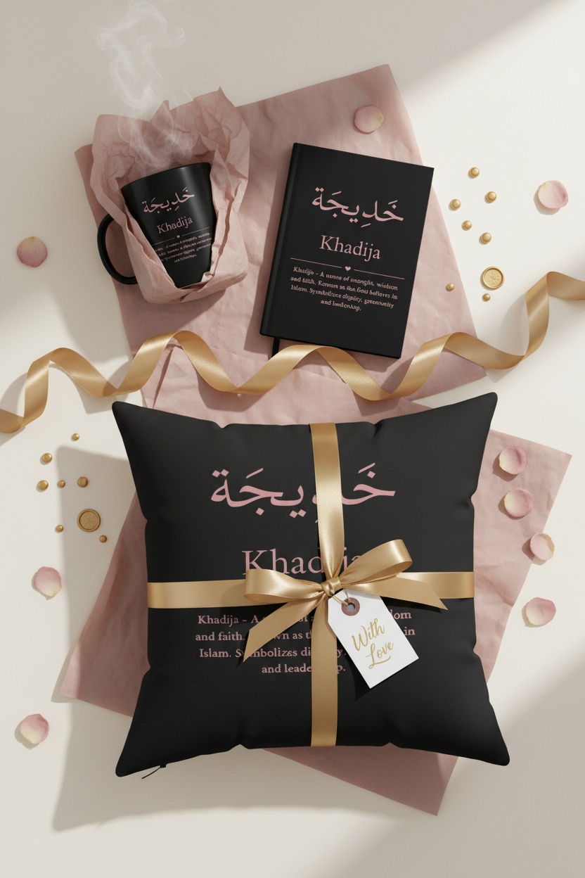 Personalized Arabic name bundle set - custom mug journal and pillow with rose taupe calligraphy gift set