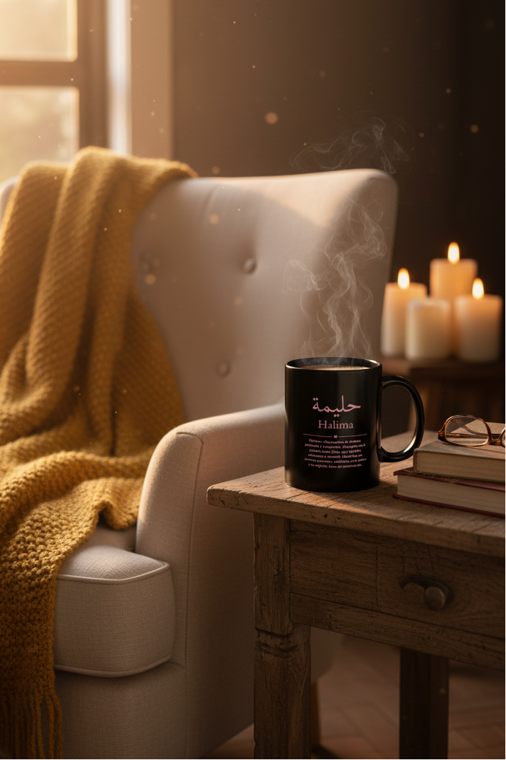 Arabic name mug workspace flatlay - personalized 11oz coffee cup on desk with laptop and office supplies