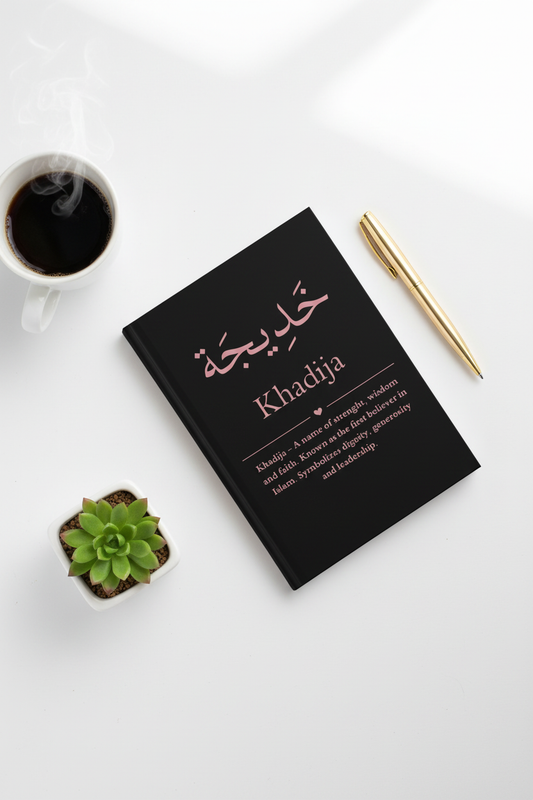 Personalized Arabic name journal on minimalist desk - custom hardcover notebook for journaling and mindfulness
