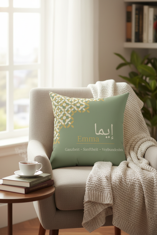 Custom name cushion with Arabic calligraphy in cozy reading nook with natural light and books